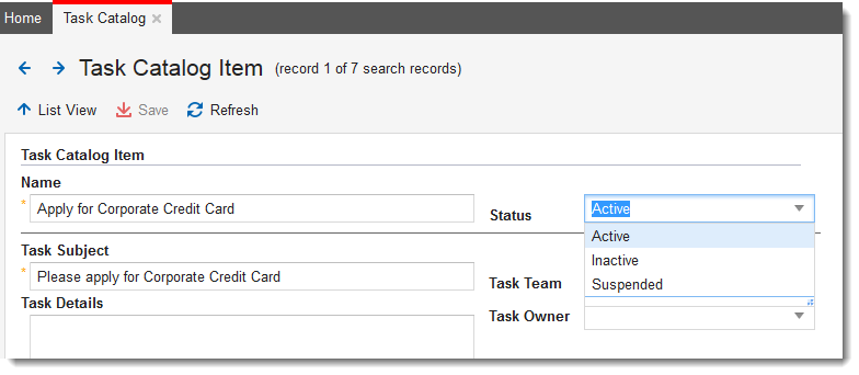 Working with Task Catalog Statuses
